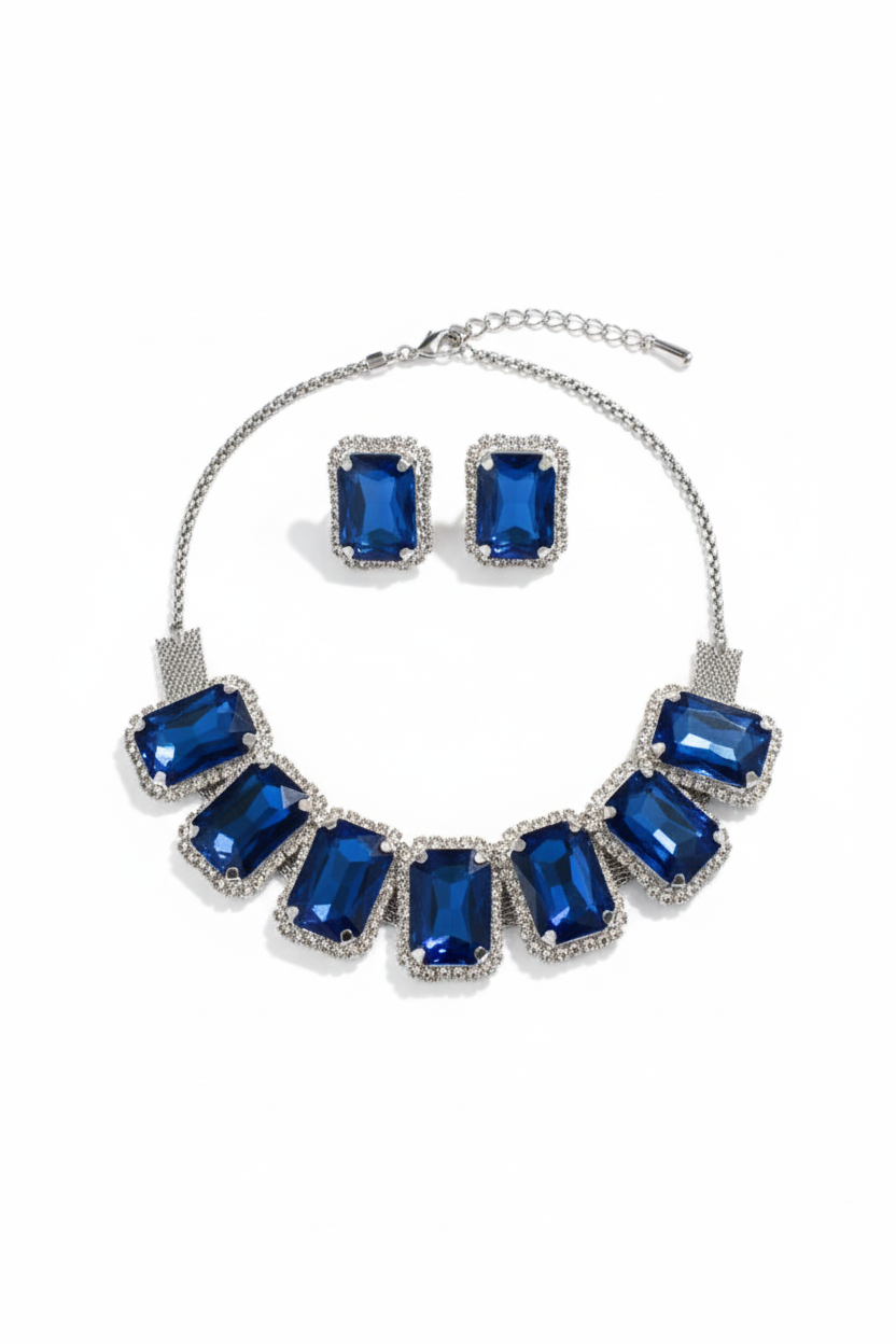 Korean Blue Rectangular Glass Stone Glass & AD Stone Necklace Set | Rhodium Plated Statement Bridal Jewelry with Earrings