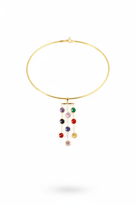 Hansuli Necklace with Triple-Chain Gem Pendant | Brass Anti Tarnish | Lightweight