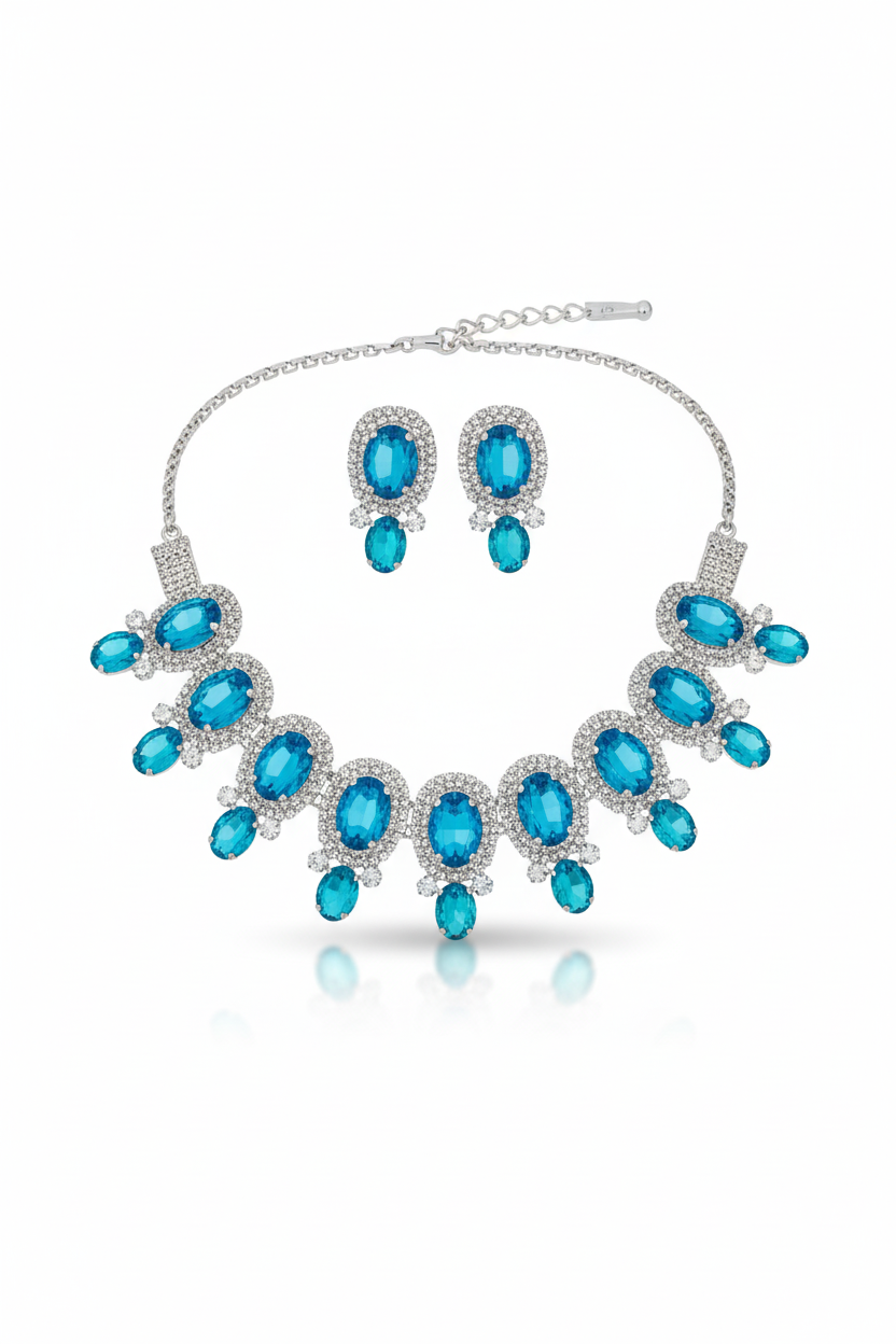 Korean Blue Oval Glass Stone Glass & AD Stone Necklace Set | Rhodium Plated Statement Jewelry with Earrings