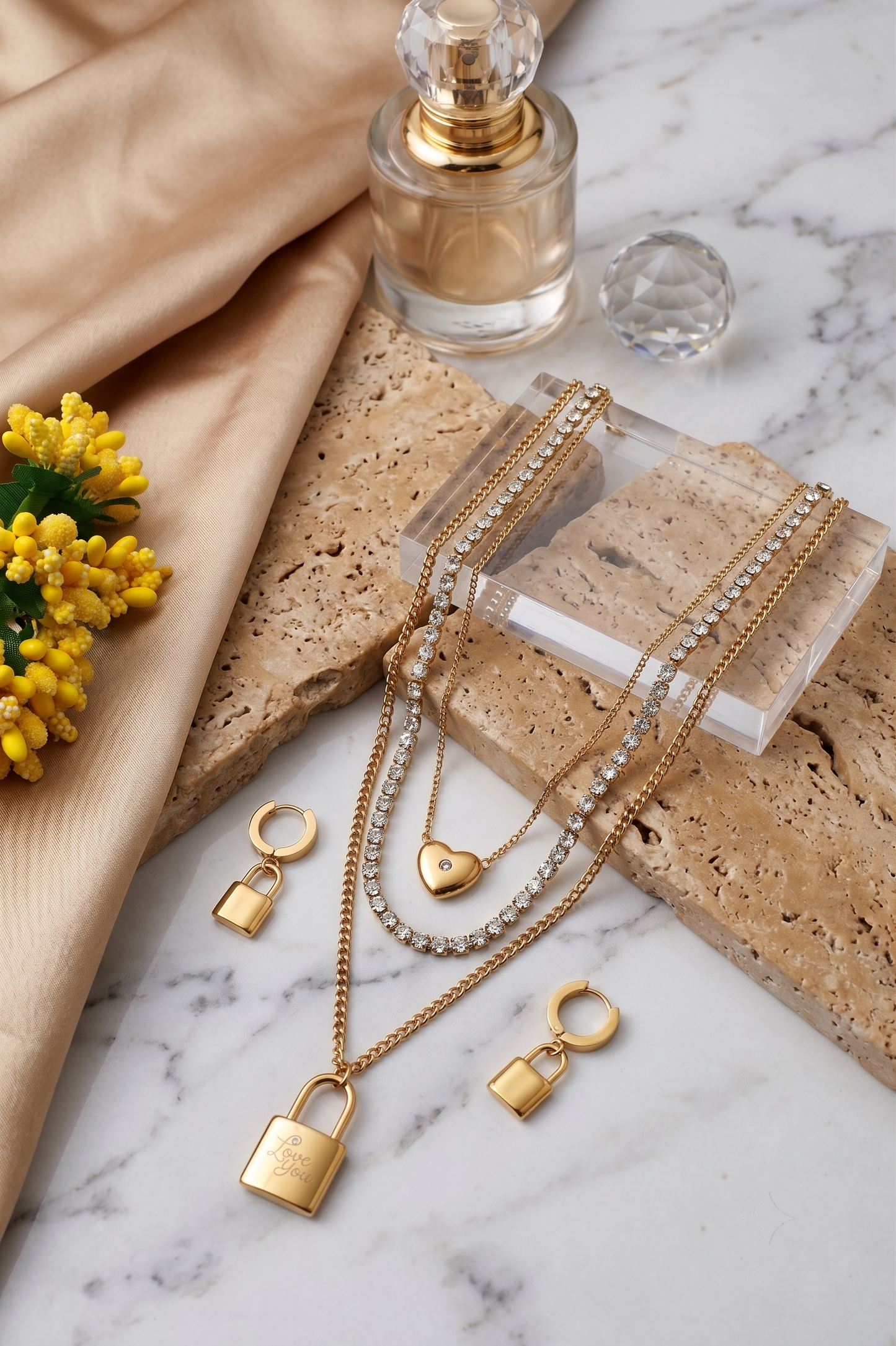 Love lock layered necklace and matching lock drop earrings set, 18K gold plated – worn styled shot