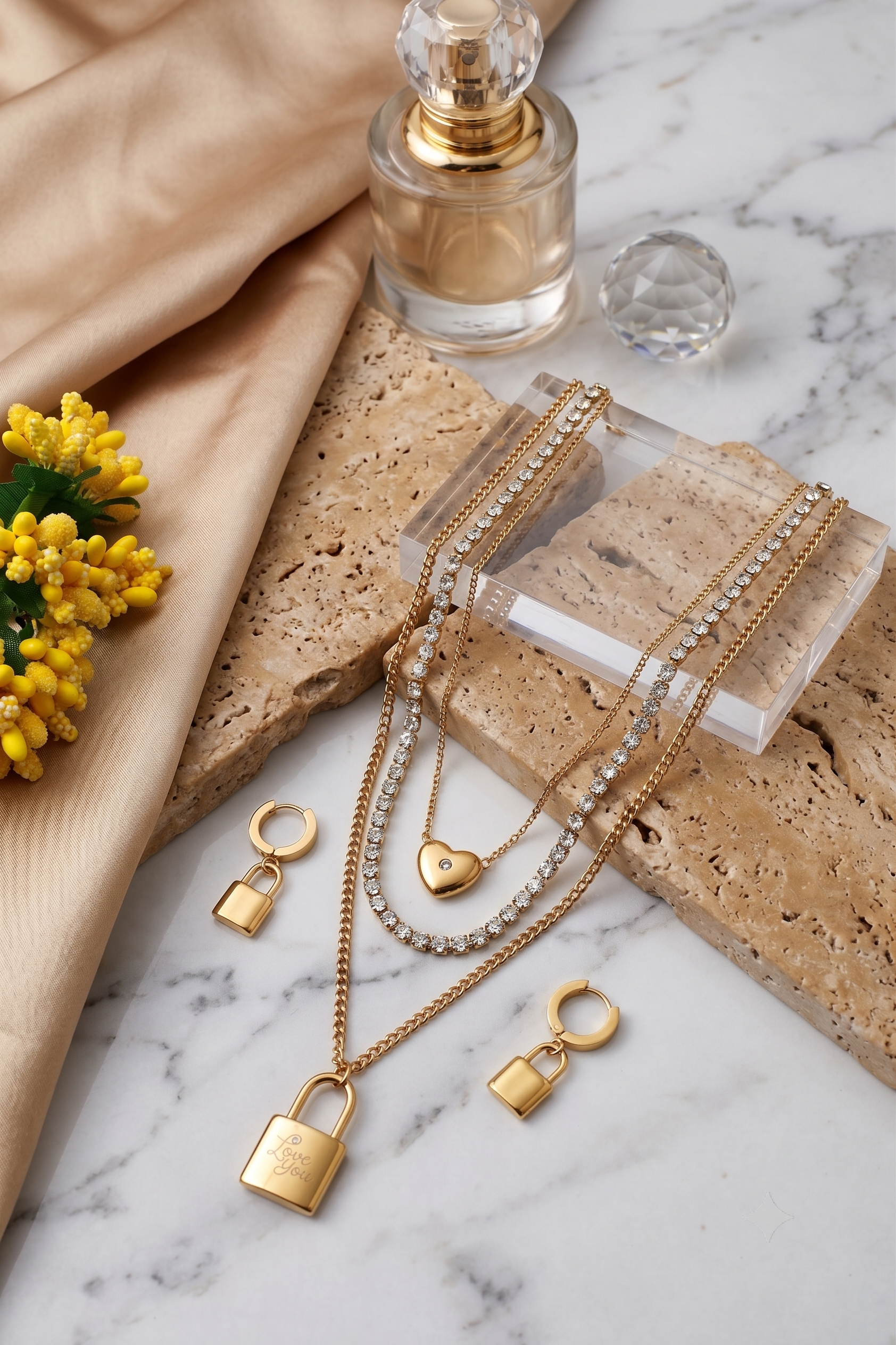 Love lock layered necklace and matching lock drop earrings set, 18K gold plated – worn styled shot