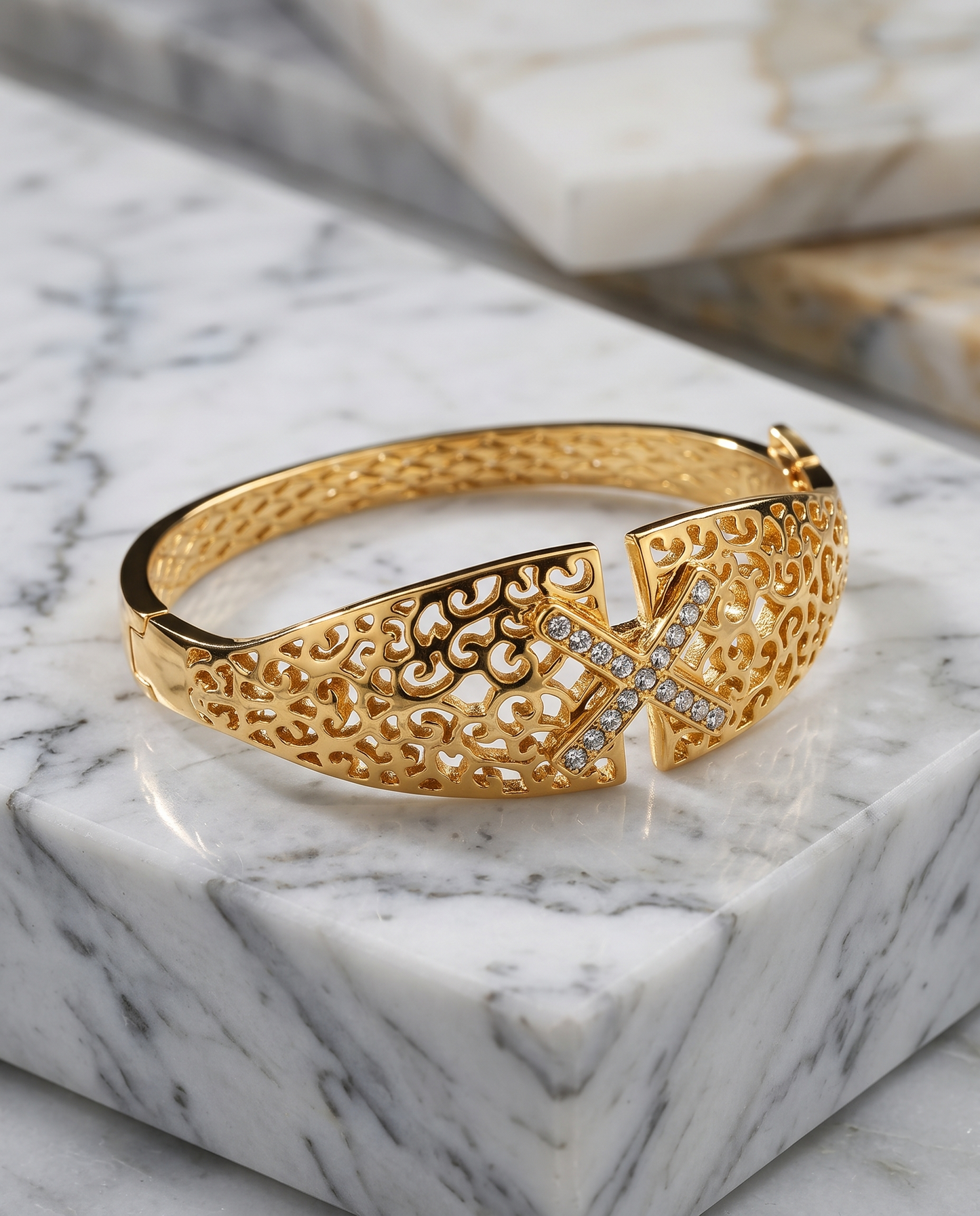 Filigree Scroll Bangle with Crystal X Clasp