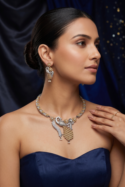 Elegant Dual-Tone Peacock Floral Statement Necklace Set