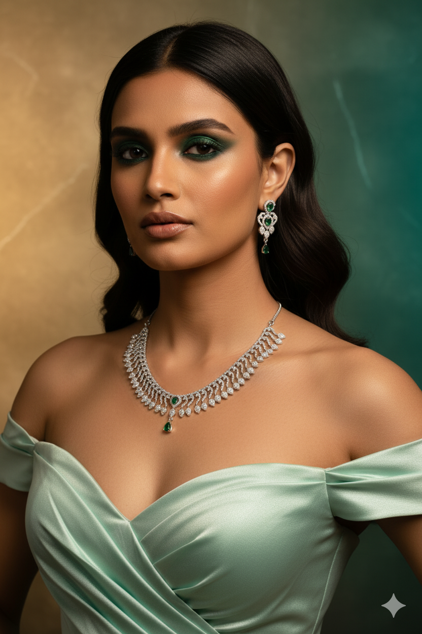 Emerald Drops Curved Layer Necklace Set