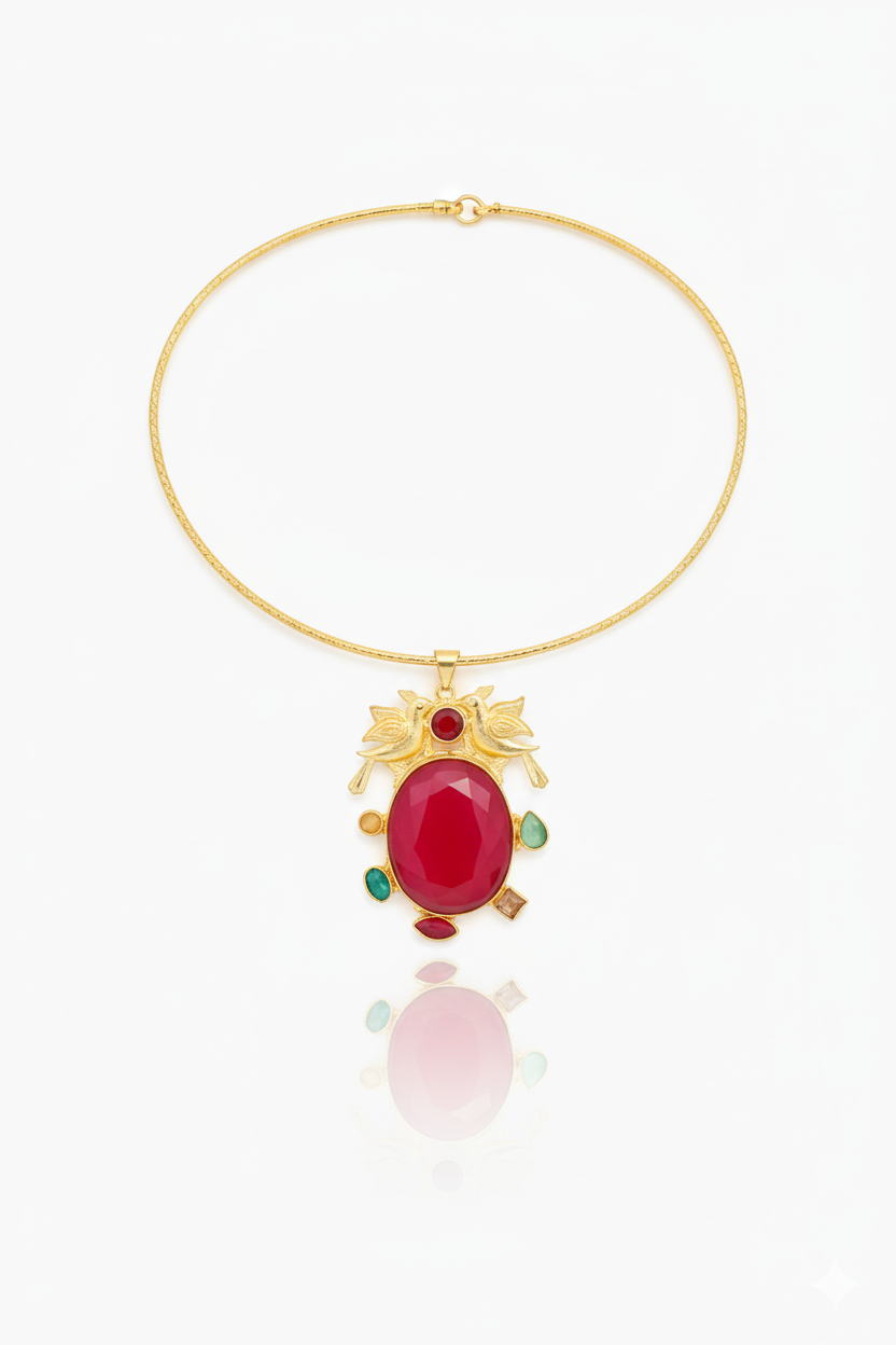 Hansuli Necklace with Bird Motif & Pink Druzy Pendant | Brass Anti Tarnish | Lightweight