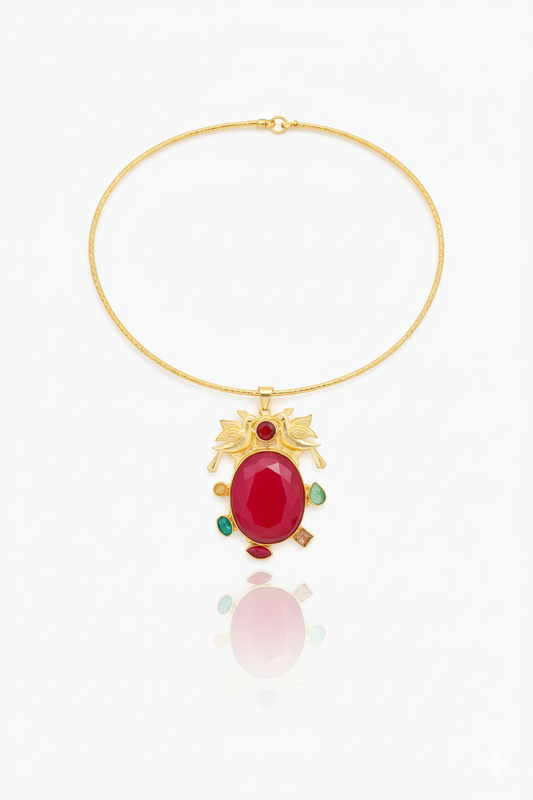 Hansuli Necklace with Bird Motif & Pink Druzy Pendant | Brass Anti Tarnish | Lightweight