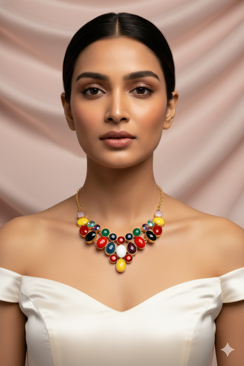 Multicolor Natural Stone Bib Statement Necklace | Brass Anti Tarnish | Lightweight