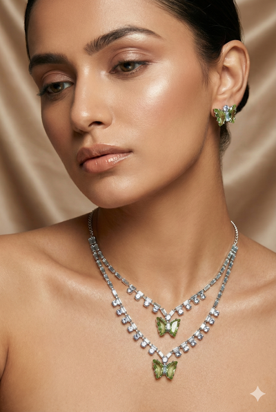 Green Butterfly Korean Glass Stone Necklace Set | Premium Crystal Jewellery