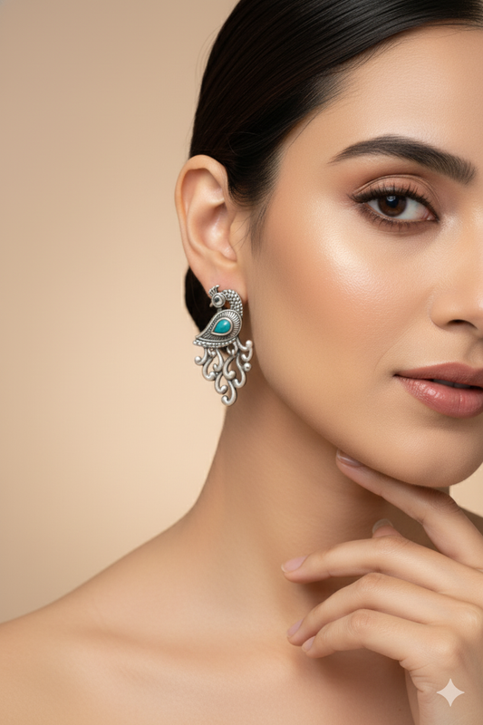 Peacock Design Oxidised German Silver Earrings with Green Monalisa Stone