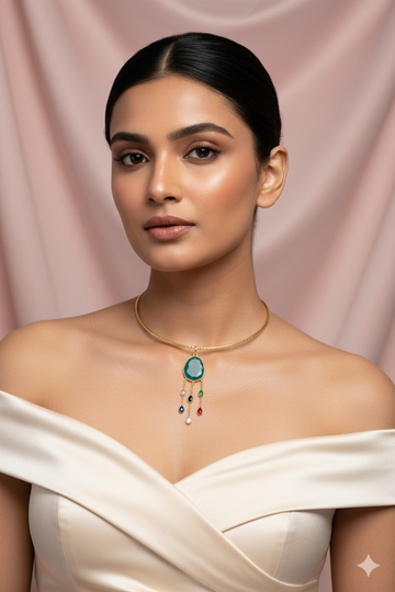 Hansuli Necklace with Green Pendant & Raindrop Dangles | Brass Anti Tarnish | Lightweight