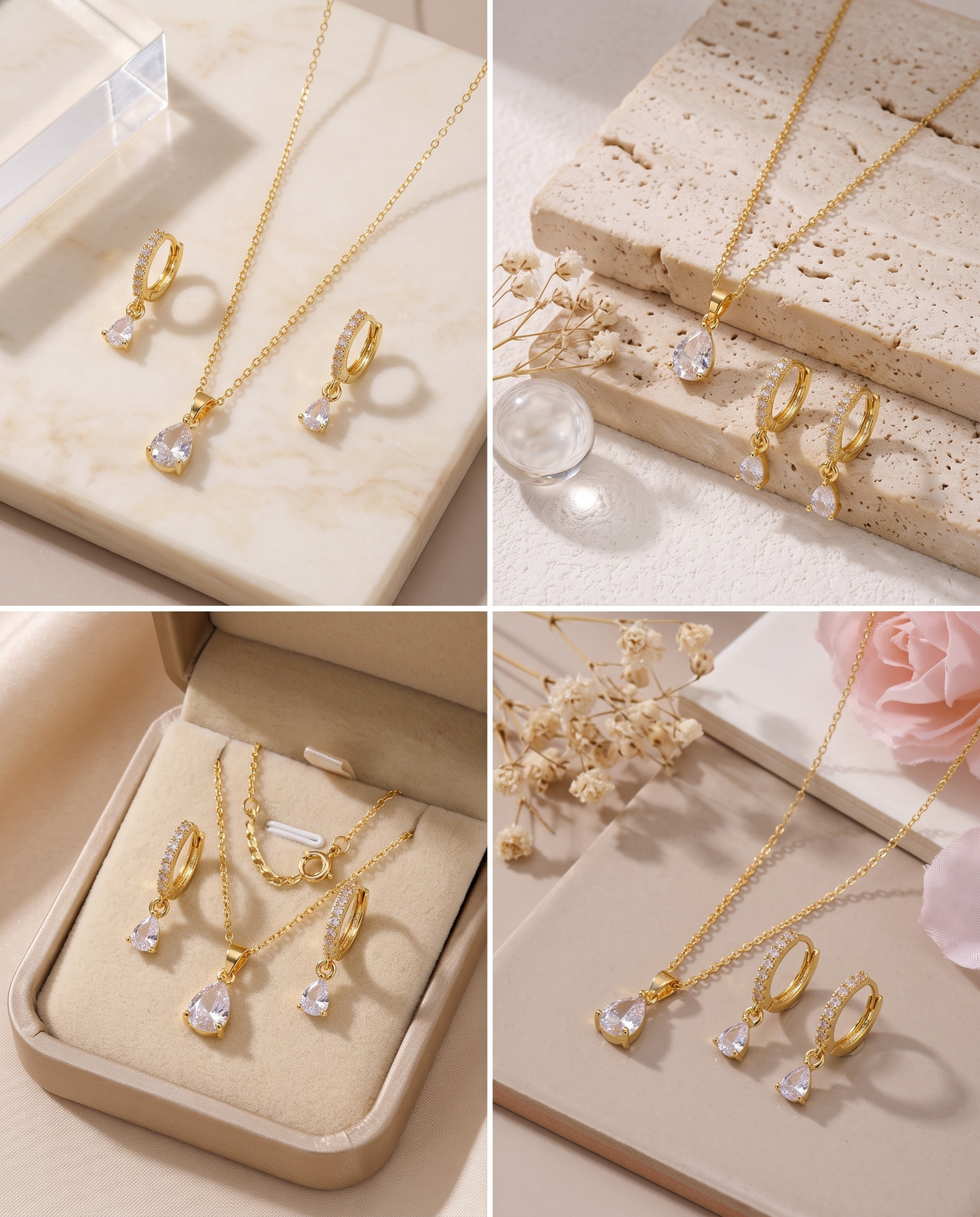 Teardrop zircon pendant necklace and matching drop earrings set, 18K gold plated – additional angle