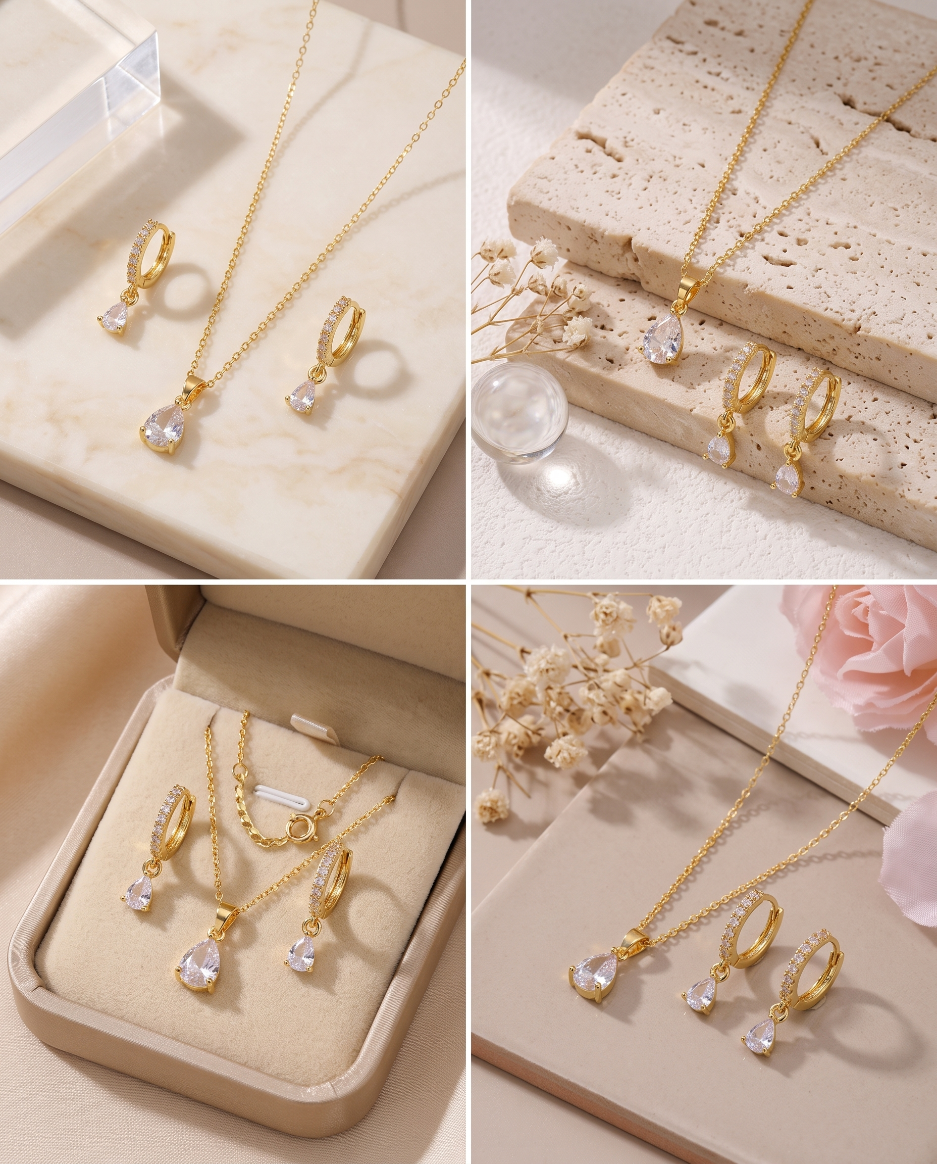Teardrop zircon pendant necklace and matching drop earrings set, 18K gold plated – additional angle