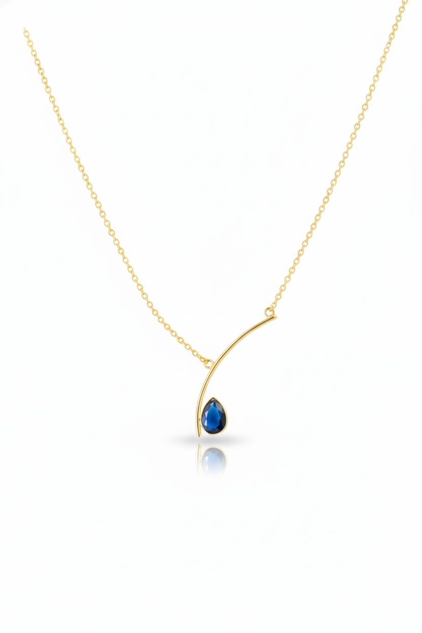 Curved Bar Chain Necklace with Blue Teardrop Natural Stone | Brass Anti Tarnish | Lightweight