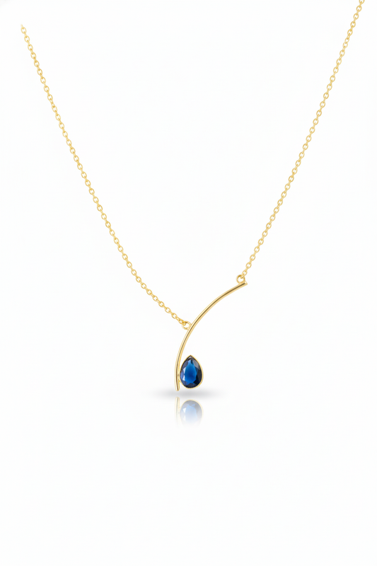 Curved Bar Chain Necklace with Blue Teardrop Natural Stone | Brass Anti Tarnish | Lightweight