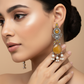 Yellow Monalisa Stone Long Oxidised German Silver Earrings with Pearls