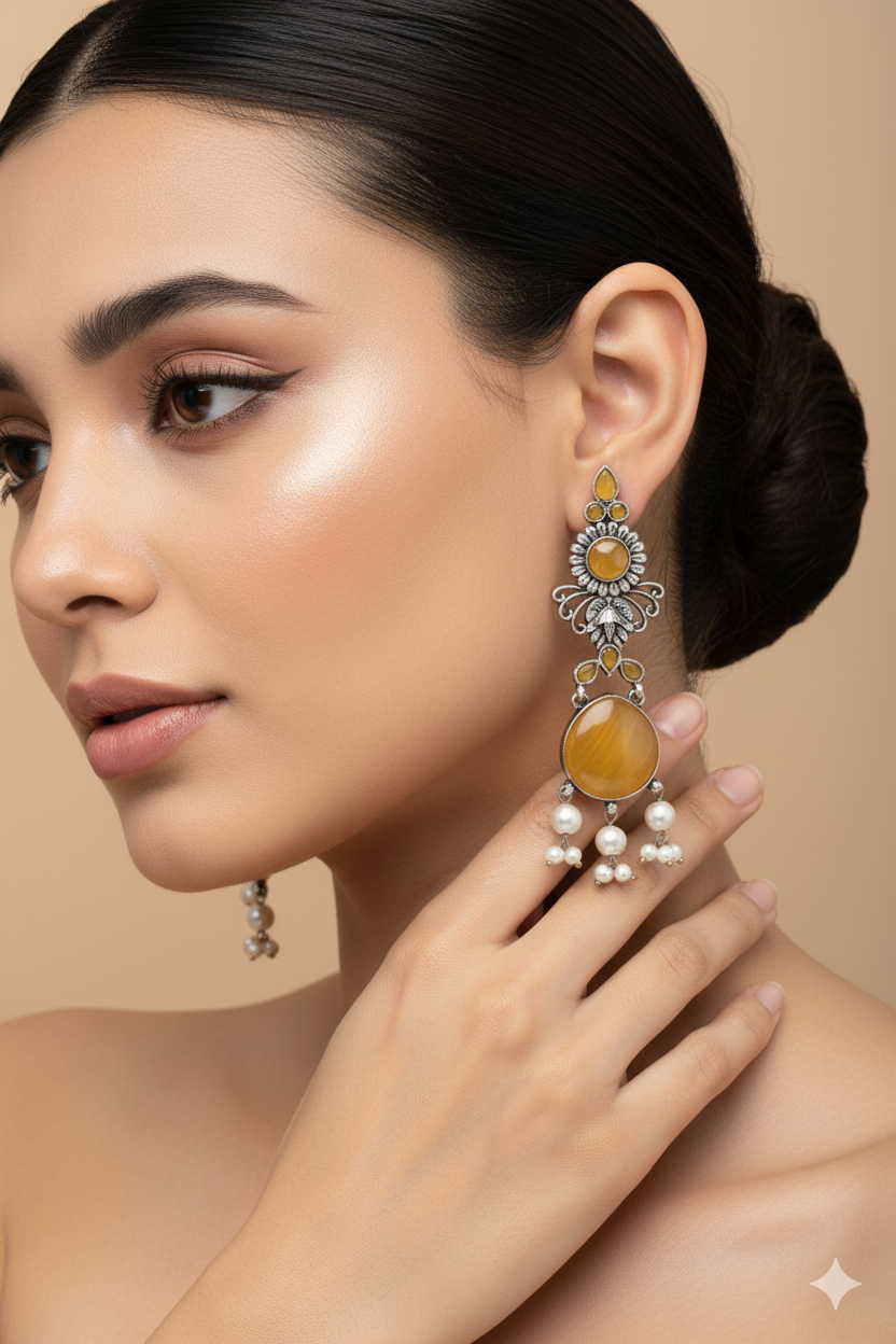 Yellow Monalisa Stone Long Oxidised German Silver Earrings with Pearls