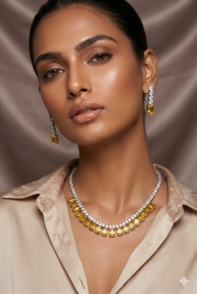 Yellow Emerald Cut Korean Glass Stone Necklace Set | Premium Crystal Jewellery