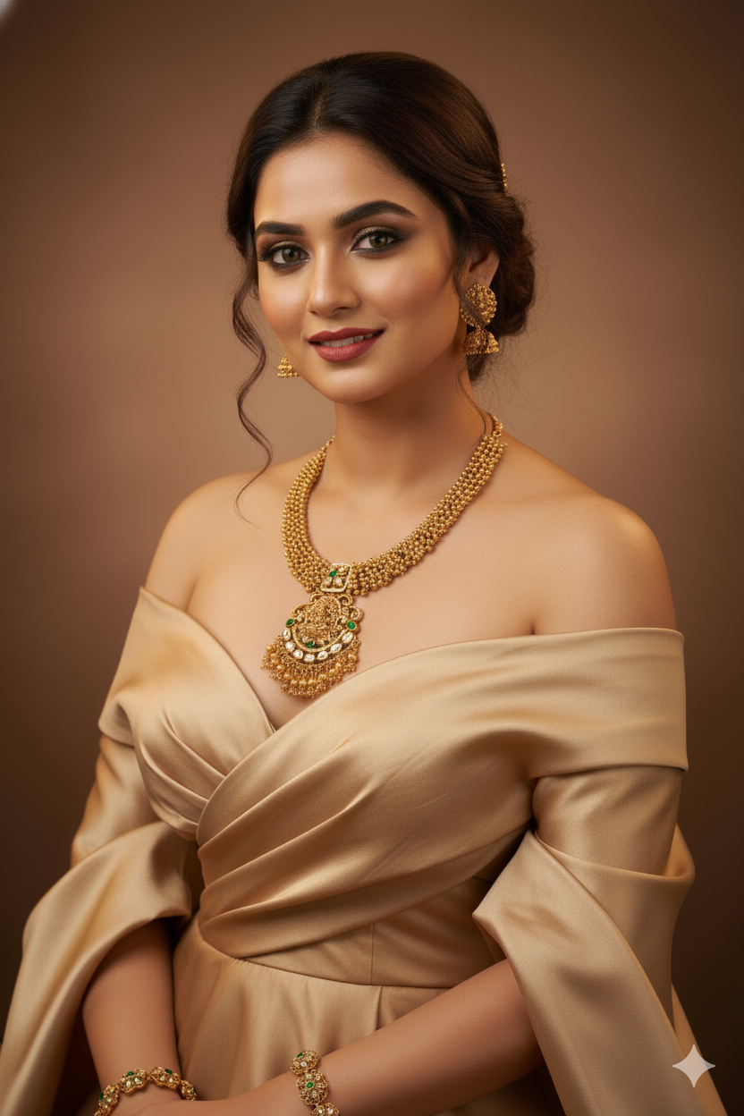 Antique Lakshmi Temple Necklace Set with Green Kundan & Jhumkas