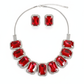 Korean Red Rectangular Glass Stone Glass & AD Stone Necklace Set | Rhodium Plated Bridal & Party Jewelry with Earrings
