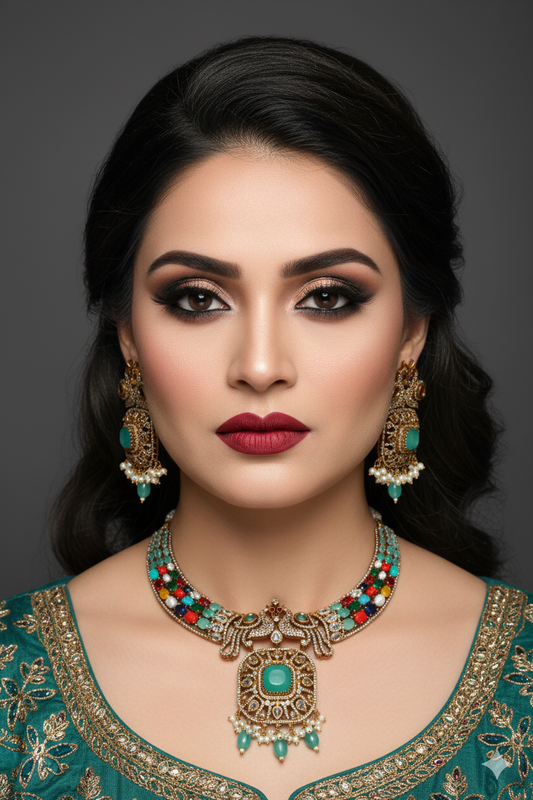 Antique Peacock Temple Necklace with Navaratna Stones & Emerald Center