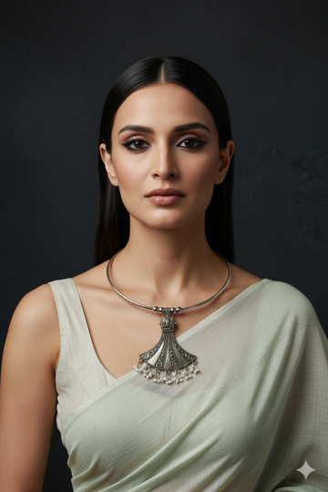 Oxidised German Silver Hansli Necklace with Fan Shape Pendant