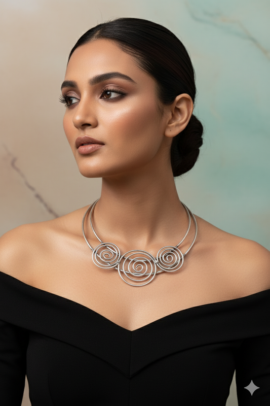 German Silver Oxidised Triple Spiral Statement Necklace (Only Necklace)