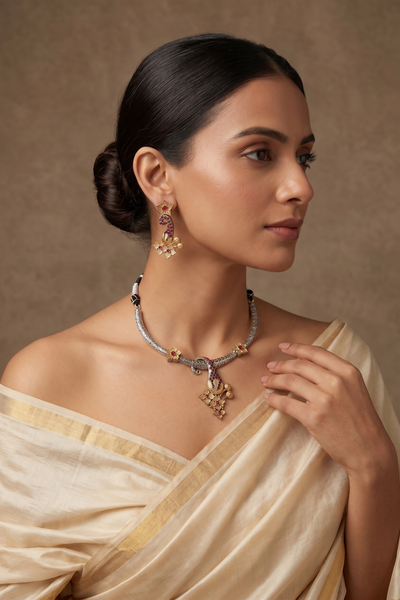 Classic Ruby Dual-Tone Fish Motif Statement Necklace Set