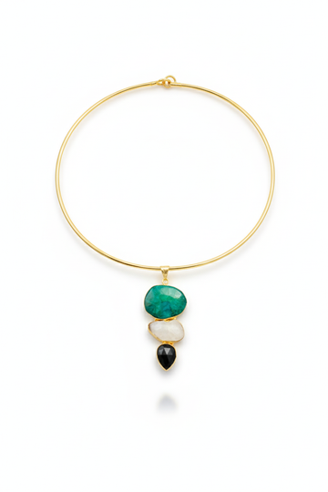Hansuli Necklace with Triple Stone Pendant – Green White Black | Brass Anti Tarnish | Lightweight