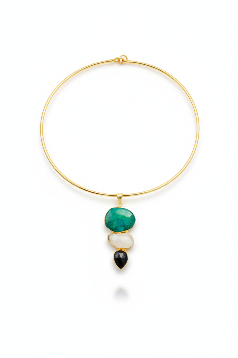 Hansuli Necklace with Triple Stone Pendant – Green White Black | Brass Anti Tarnish | Lightweight