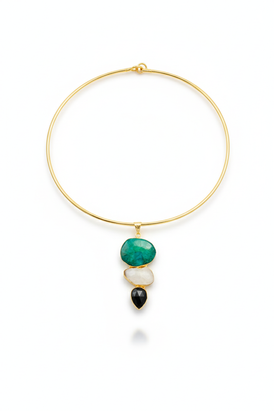 Hansuli Necklace with Triple Stone Pendant – Green White Black | Brass Anti Tarnish | Lightweight