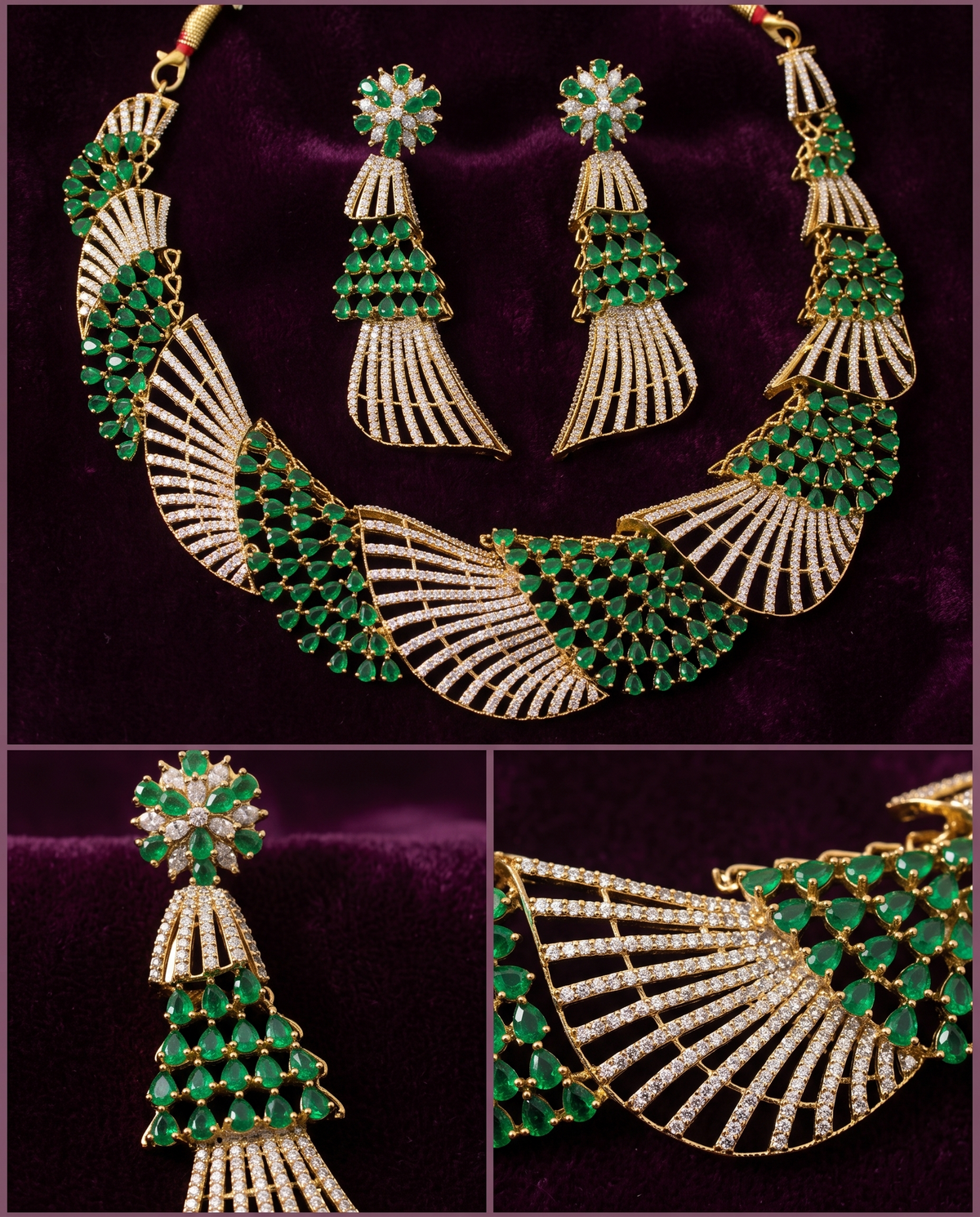 Emerald Fanwork Gold-Plated American Diamond Necklace Set