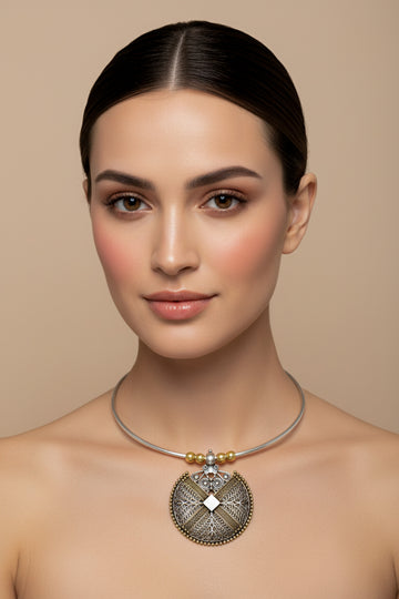 Dual Tone German Silver Hasli/Hansli Necklace – Geometric filigree shield pendant Oxidised Hansuli Choker for Women