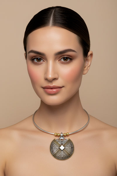 Dual Tone German Silver Hasli/Hansli Necklace – Geometric filigree shield pendant Oxidised Hansuli Choker for Women