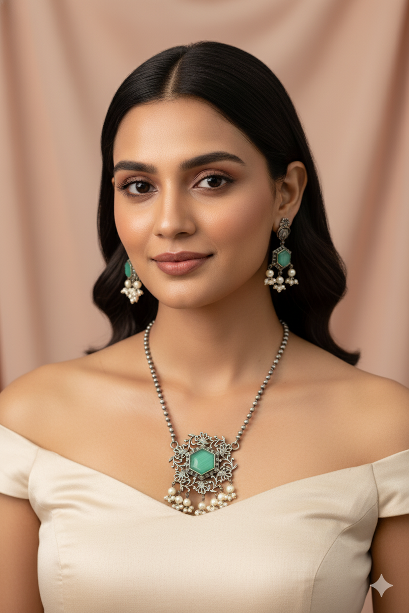 Floral Filigree Hexa Pendant Set with Green Monalisa | Oxidised German Silver