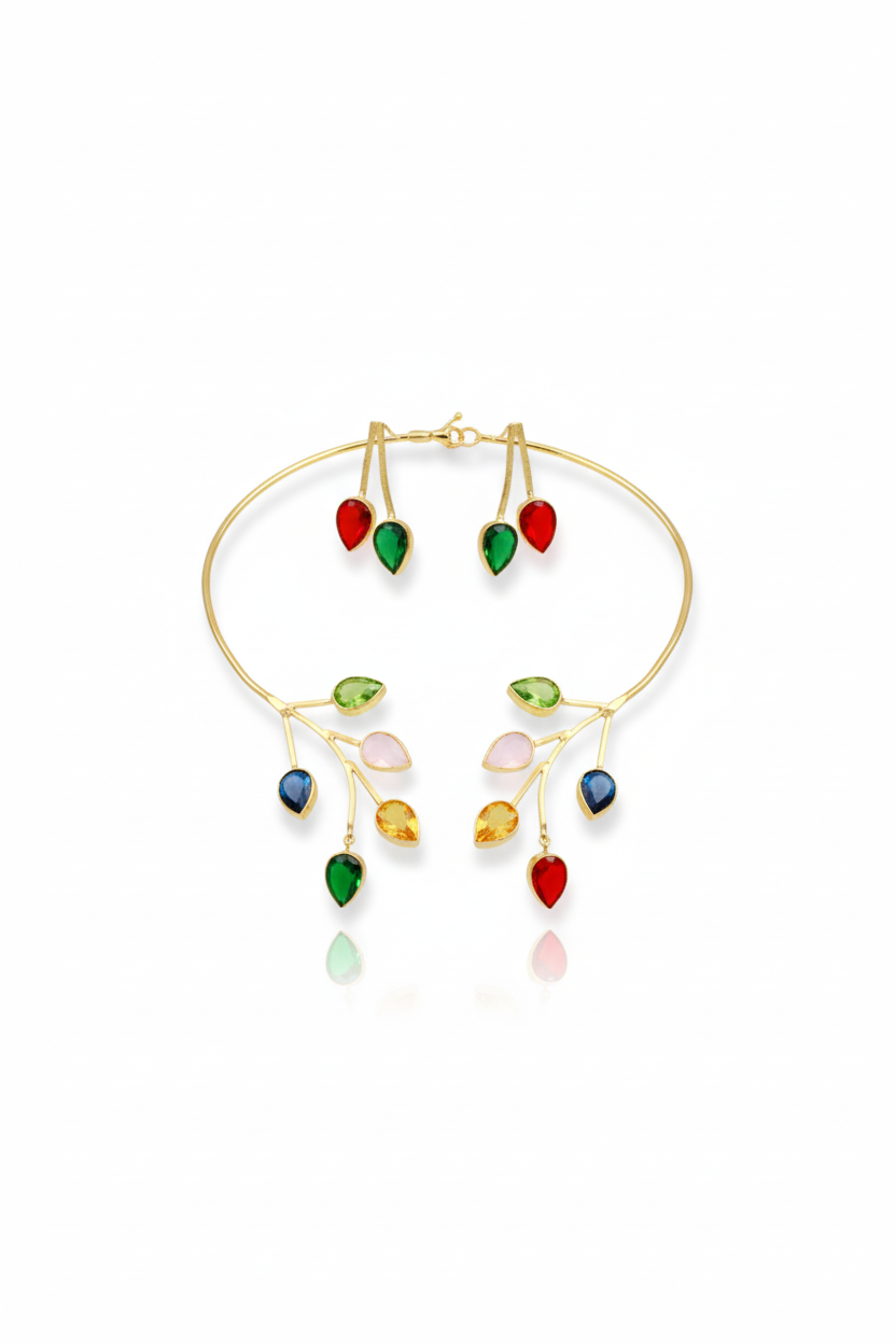 Branch Leaf Multistone Hansuli Necklace With Earrings | Brass Anti Tarnish | Lightweight