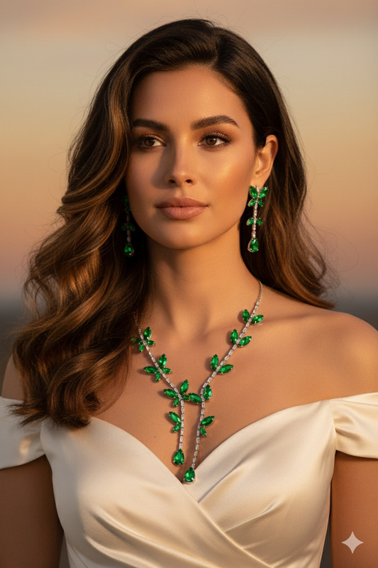 Korean Green Butterfly Glass Stone Jewelry Necklace Set | Rhodium Plated Jewelry with Earrings