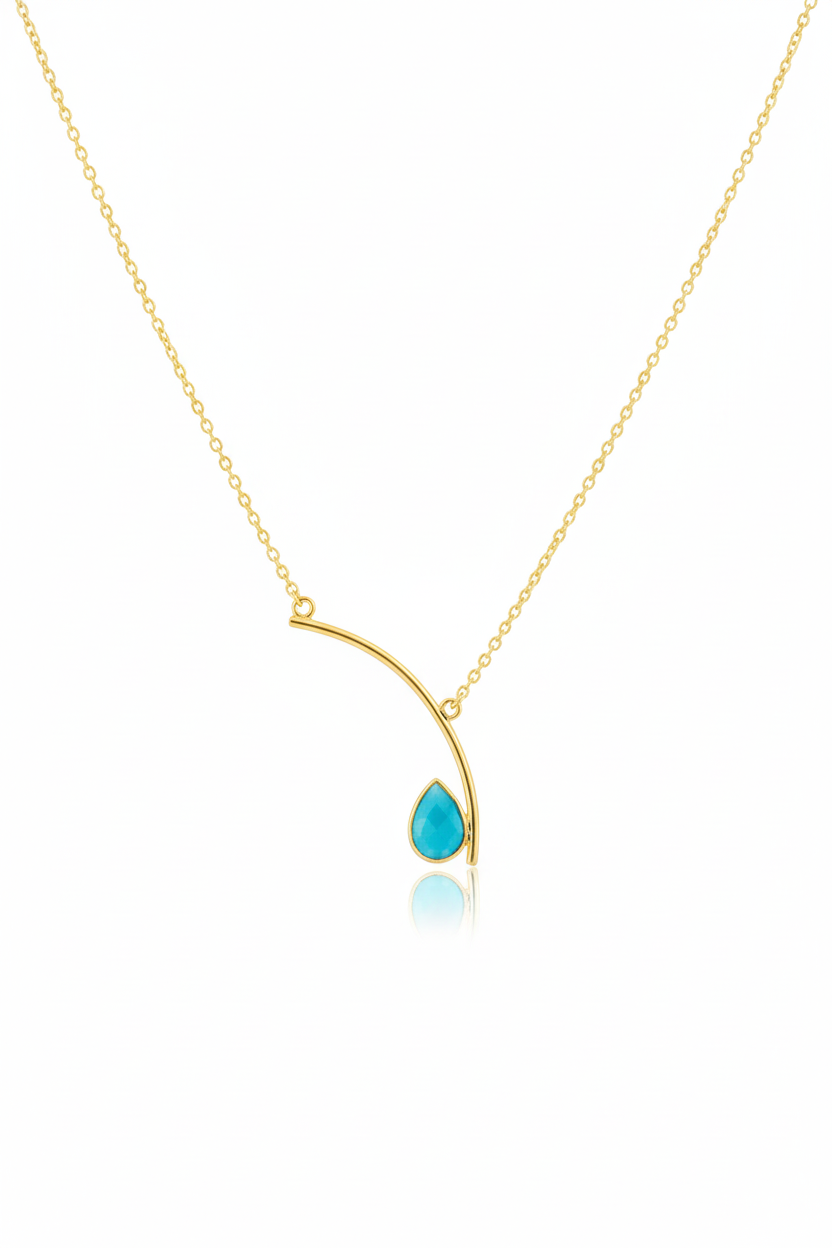 Curved Bar Chain Necklace with Aqua Teardrop Natural Stone | Brass Anti Tarnish | Lightweight