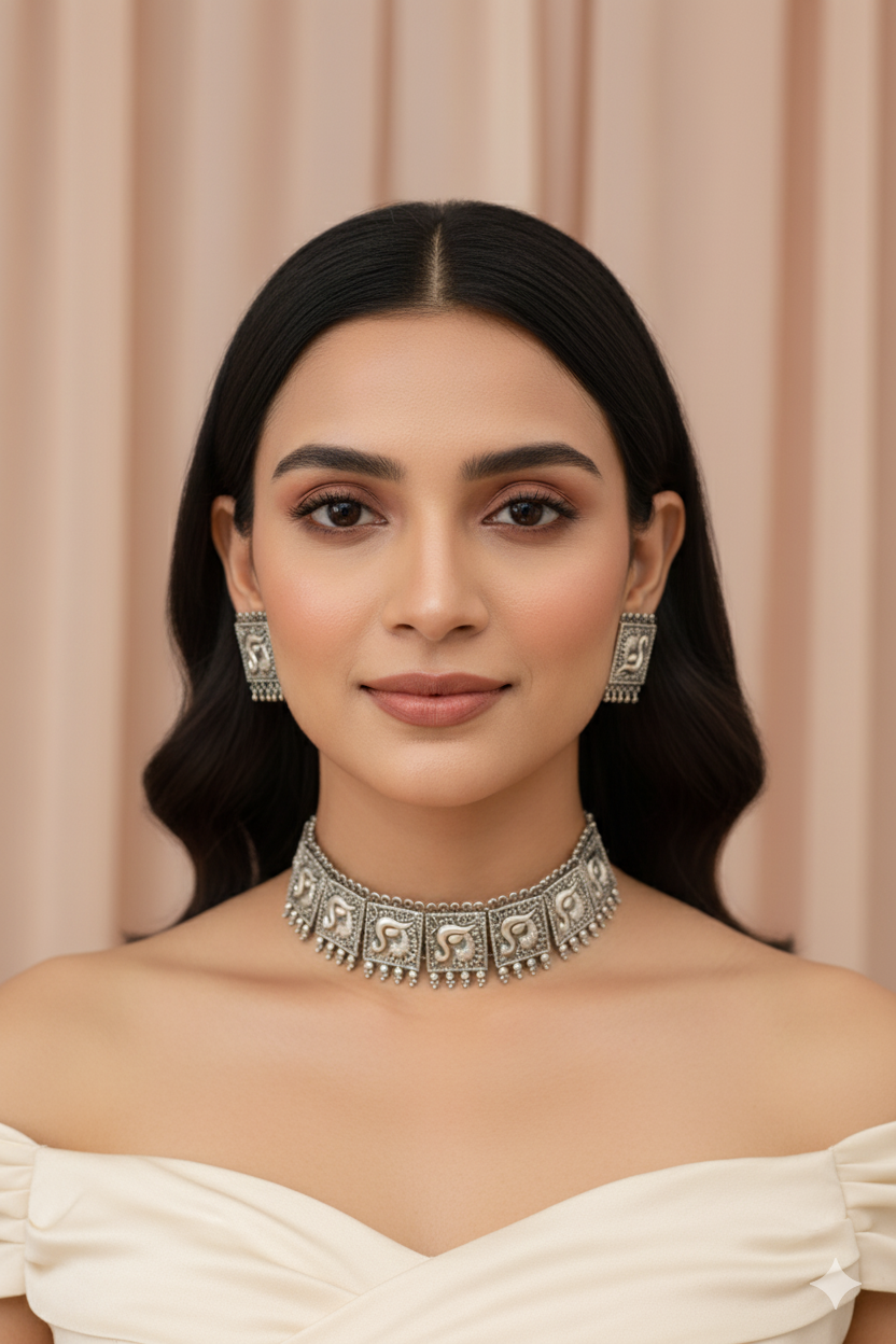 Temple Swan Panel Choker Necklace with Earrings | Oxidised German Silver