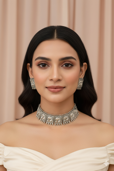 Temple Swan Panel Choker Necklace with Earrings | Oxidised German Silver