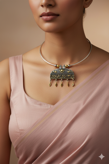 Dual Tone Oxidised German Silver Floral Temple Hansuli Necklace