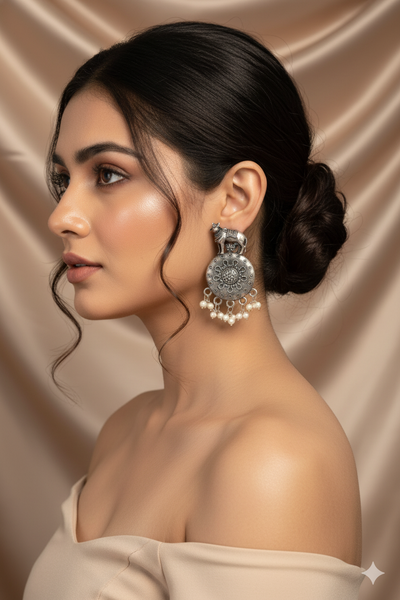 Oxidised German Silver Cow Design Earrings with Pearl Drops