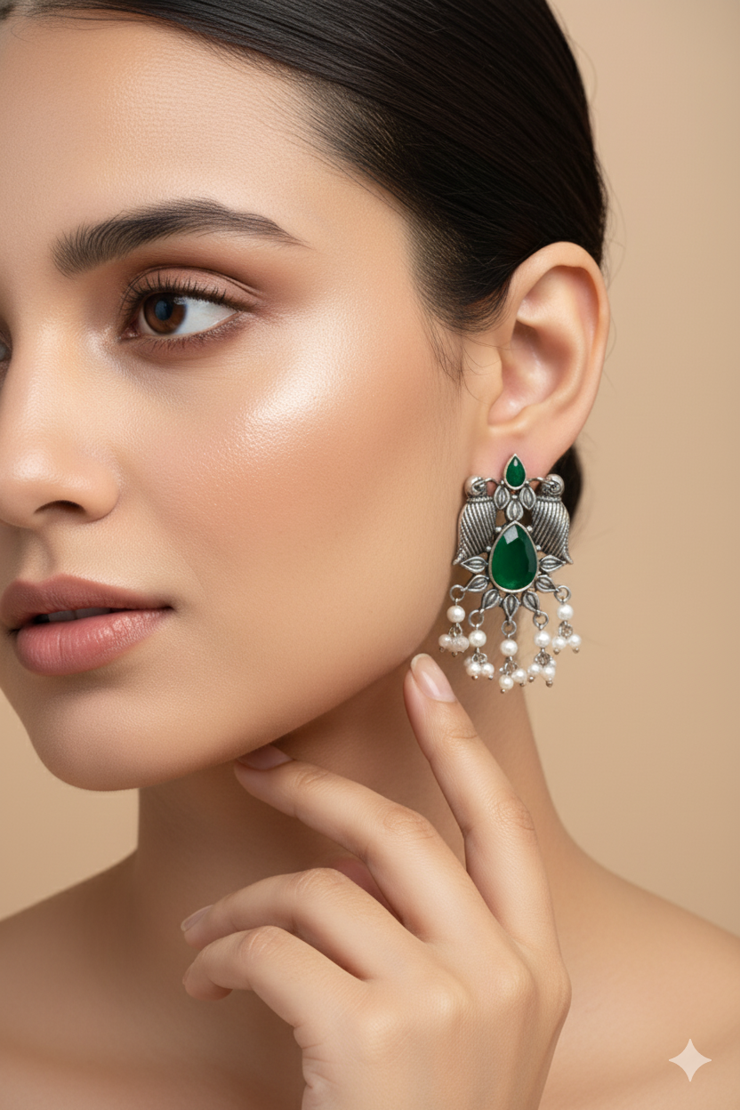 Emerald Green Monalisa Bird Motif Oxidised German Silver Earrings with Pearls