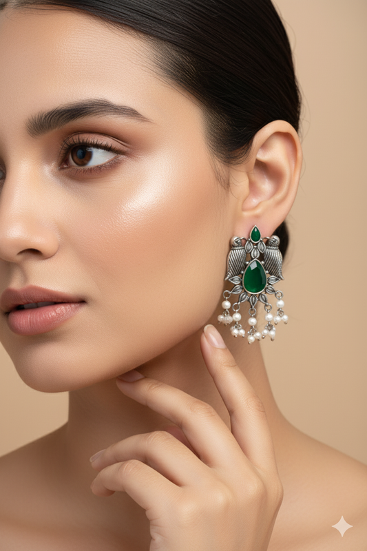 Emerald Green Monalisa Bird Motif Oxidised German Silver Earrings with Pearls
