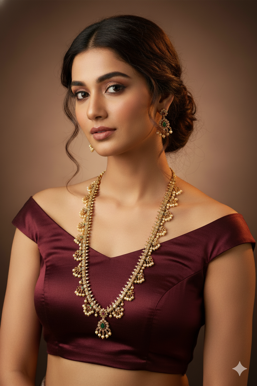 Temple Necklace Set with Pearl Clusters & Green Kundan Drop