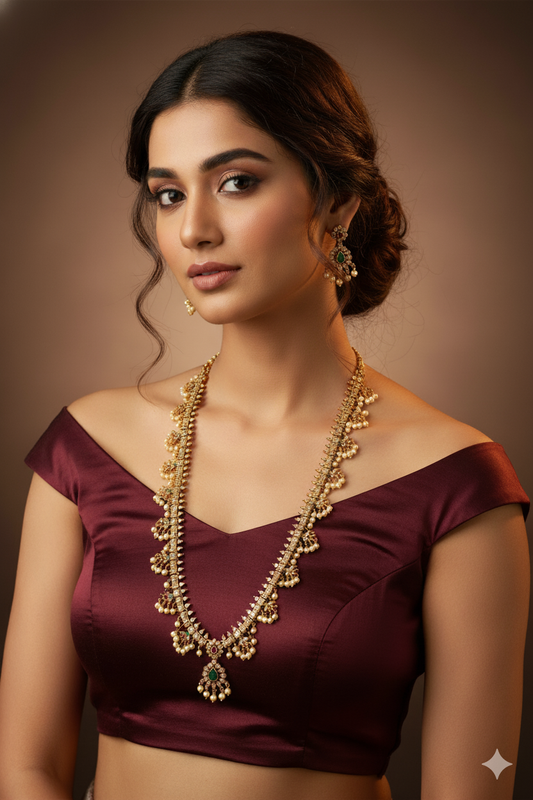 Temple Necklace Set with Pearl Clusters & Green Kundan Drop