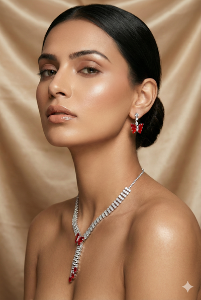 Red Butterfly Drop Korean Glass Stone Necklace Set | Statement Jewellery