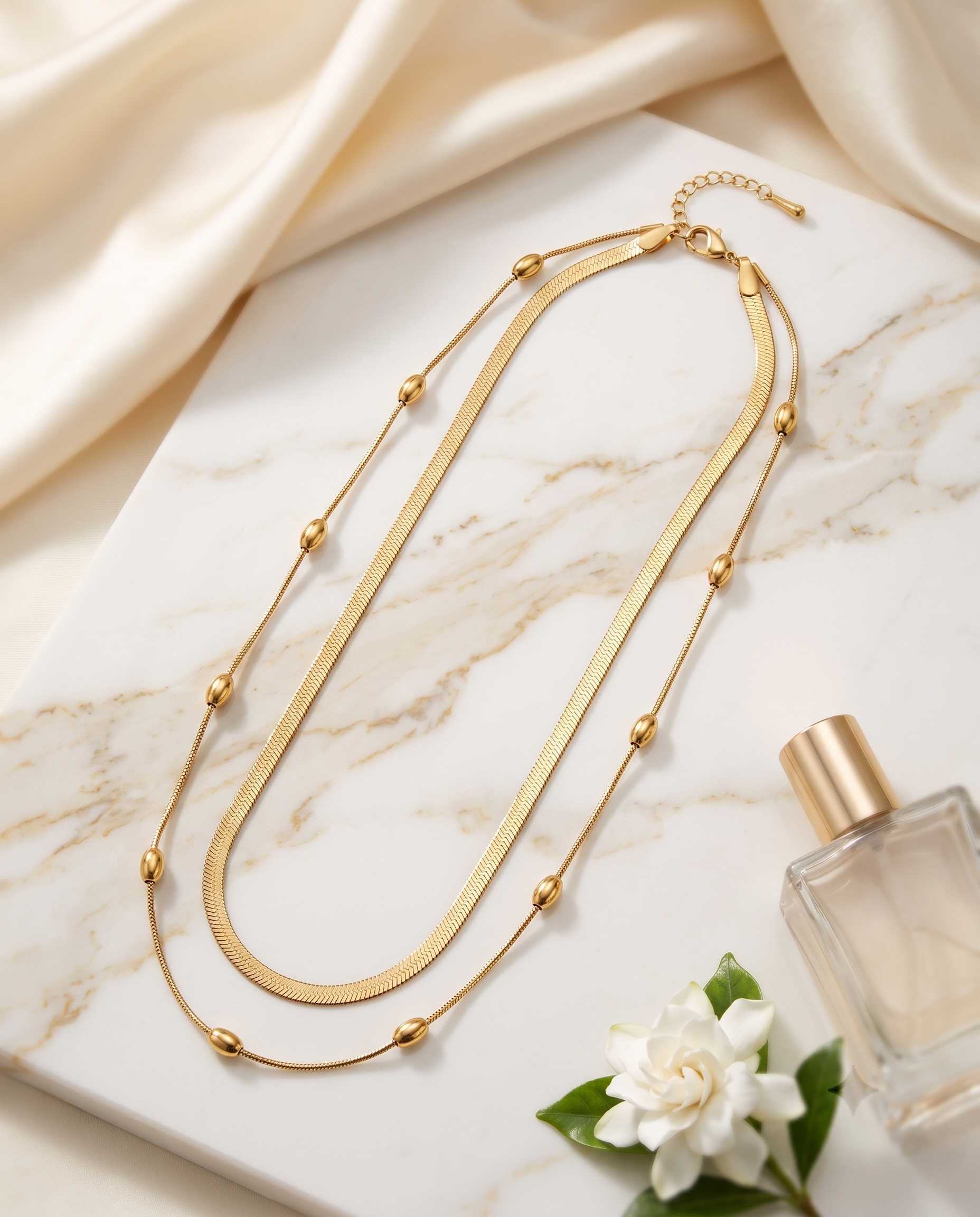 Layered snake chain necklace and earrings set, gold plated, waterproof – clasp and chain detail