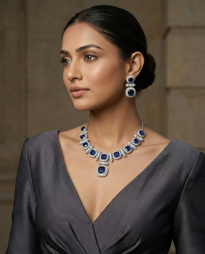Royal Blue Cushion Cut Necklace Set with Diamond Finish | Premium Party Jewellery