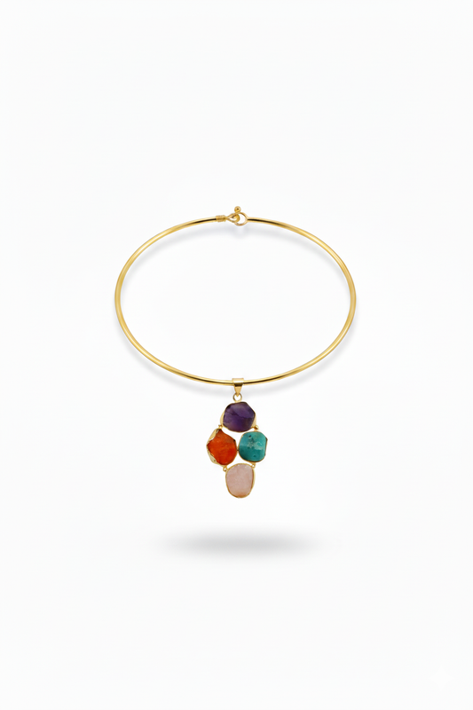 Minimal Hansuli Necklace with Multicolor Stones | Brass Anti Tarnish | Lightweight