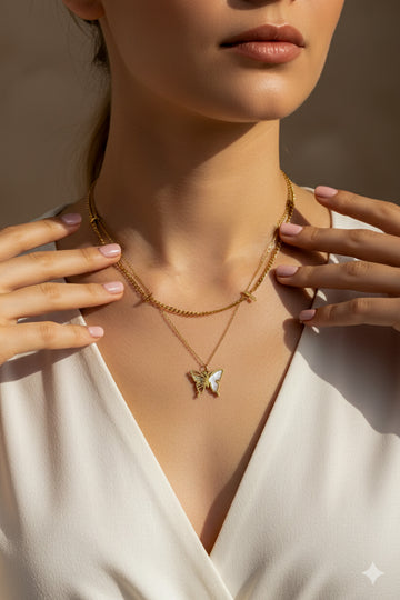 Layered Butterfly Pendant Necklace – Dual Chain Gold Plated Design
